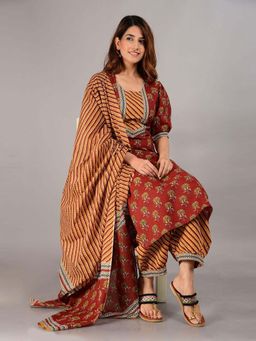 Biba - Red Unstitched Dress Material Suit (Set of 3)