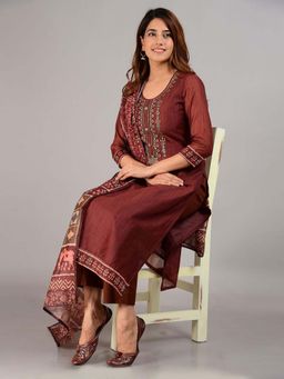 Biba - Brown Unstitched Dress Material Suit (Set of 3)