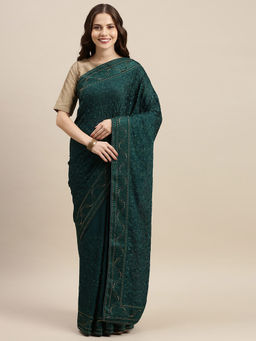 Soch - Teal Pure Georgette Solid Saree with Unstitched Blouse