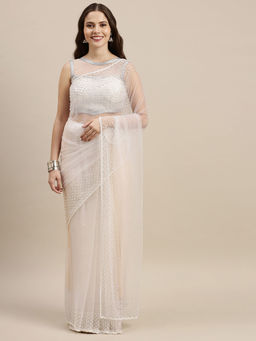 Soch - White Net Solid Saree with Unstitched Blouse