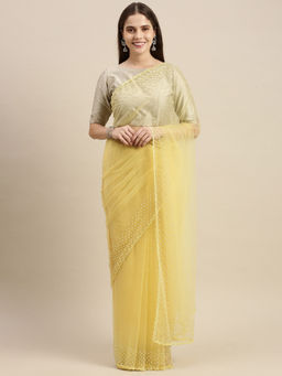 Soch - Yellow Net Solid Saree with Unstitched Blouse