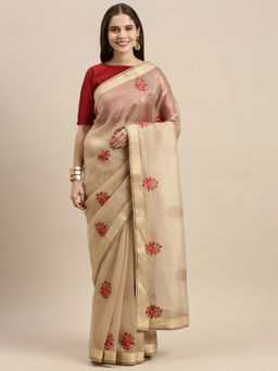 Soch - Beige Organza EmbroideredSaree with Unstitched Blouse