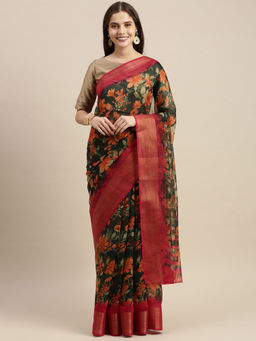Soch - Teal Chanderi Silk Printed Saree with Unstitched Blouse
