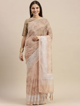 Soch - Peach Organza Printed Saree with Unstitched Blouse