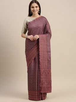 Soch - Purple Silk Blend Printed Saree with Unstitched Blouse