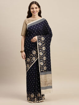 Soch - Navy Blue Silk Blend EmbroideredSaree with Unstitched Blouse