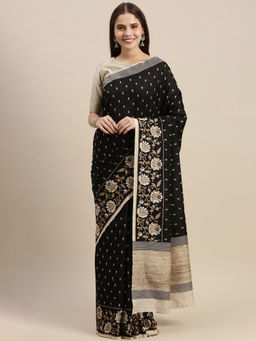 Soch - Black Silk Blend EmbroideredSaree with Unstitched Blouse