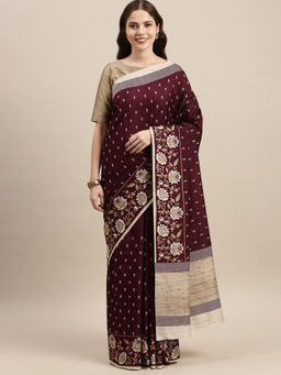 Soch - Wine Silk Blend EmbroideredSaree with Unstitched Blouse