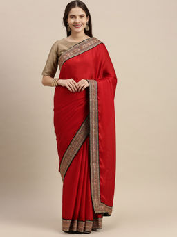 Soch - Red Silk Blend Solid Saree with Unstitched Blouse