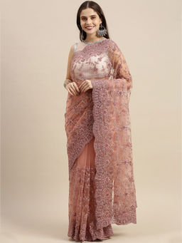 Soch - Pink Net Embroidered Saree with Unstitched Blouse