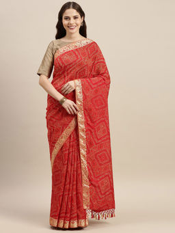 Soch - Red Silk Blend Printed Saree with Unstitched Blouse