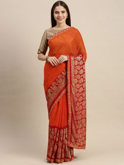 Soch - Orange Pure Chiffon Printed Saree with Unstitched Blouse