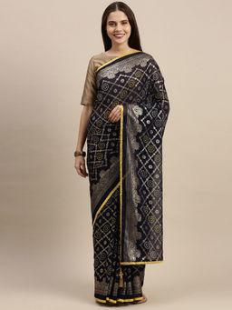 Soch - Navy Blue Pure Georgette Printed Saree with Unstitched Blouse