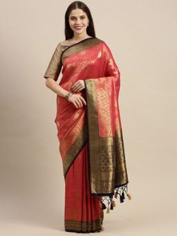 Soch - Pink Silk Blend Woven Design Saree with Unstitched Blouse