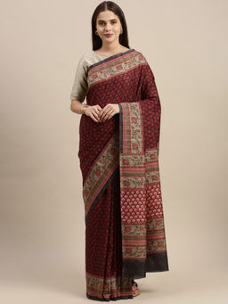 Soch - Maroon Silk Blend Printed Saree with Unstitched Blouse