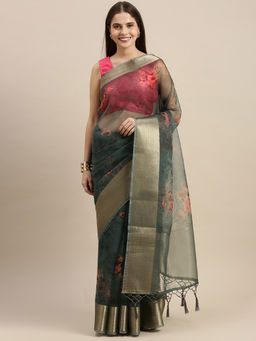 Soch - Green Organza Printed Saree with Unstitched Blouse