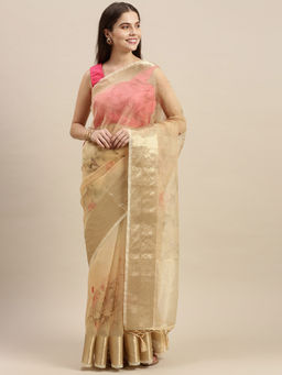 Soch - Yellow Organza Printed Saree with Unstitched Blouse