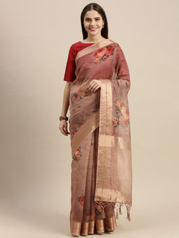 Soch - Peach Organza Printed Saree with Unstitched Blouse