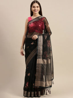 Soch - Black Organza Printed Saree with Unstitched Blouse