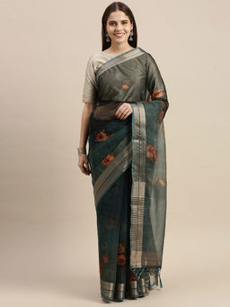Soch - Green Organza Printed Saree with Unstitched Blouse