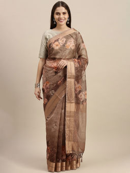 Soch - Brown Organza Printed Saree with Unstitched Blouse