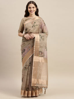 Soch - Beige Organza Printed Saree with Unstitched Blouse
