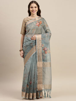 Soch - Green Organza Printed Saree with Unstitched Blouse
