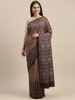 Soch - Brown Silk Blend Printed Saree with Unstitched Blouse