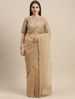 Soch - Beige Net EmbroideredSaree with Unstitched Blouse