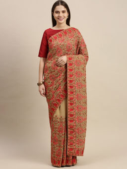 Soch - Beige Pure Georgette EmbroideredSaree with Unstitched Blouse