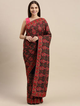 Soch - Navy Blue Pure Georgette Solid Saree with Unstitched Blouse