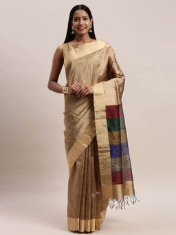 Soch - Gold Solid Saree With Unstitched Blouse