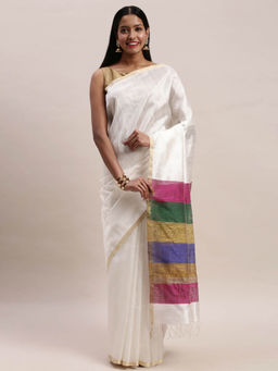Soch - White Solid Saree With Unstitched Blouse