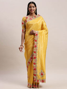 Soch - Mustard Embroidered Saree With Unstitched Blouse