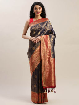 Soch - Navy Blue Woven Saree With Unstitched Blouse