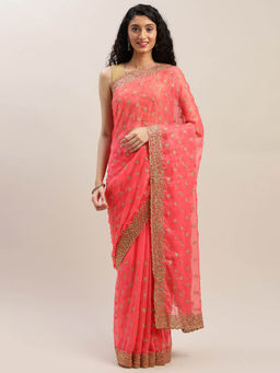 Soch - Coral Embellished Saree With Unstitched Blouse