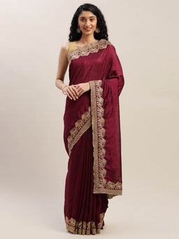 Soch - Purple Embroidered Saree With Unstitched Blouse