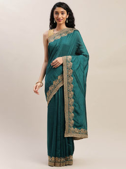 Soch - Green Embroidered Saree With Unstitched Blouse