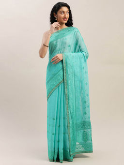 Soch - Blue Embroidered Saree With Unstitched Blouse
