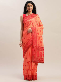 Soch - Orange Embroidered Saree With Unstitched Blouse