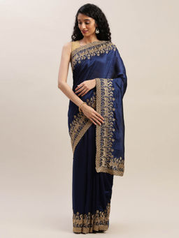 Soch - Navy Blue Embroidered Saree With Unstitched Blouse