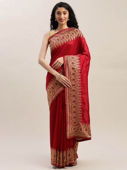Soch - Maroon Embroidered Saree With Unstitched Blouse