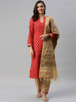 Soch - Red Woven Unstitched Dress Material (Set Of 3)