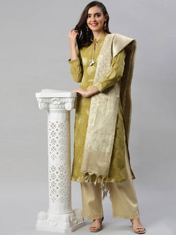 Soch - Olive Woven Unstitched Dress Material (Set Of 3)