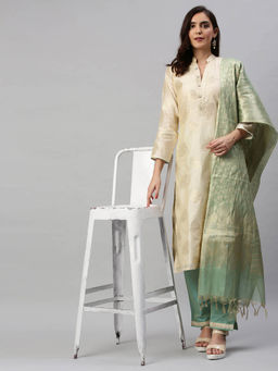 Soch - Beige Woven Unstitched Dress Material (Set Of 3)