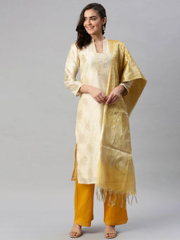 Soch - Beige Woven Unstitched Dress Material (Set Of 3)