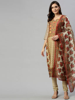 Soch - Beige Printed Unstitched Dress Material (Set Of 3)