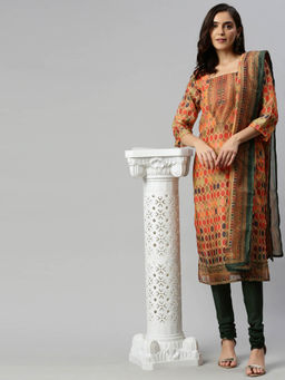 Soch - Beige Printed Unstitched Dress Material (Set Of 3)