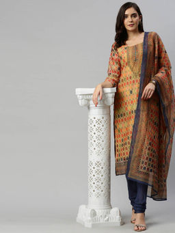 Soch - Beige Printed Unstitched Dress Material (Set Of 3)