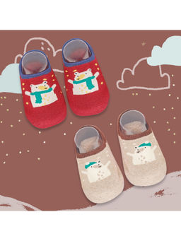 Baby Moo - Bear In Snow Red And Beige 2 Pack Socks